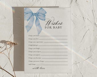 PRINTED + SHIPPED | Blue Bow Wishes for Baby Card Boy Baby Shower Game Watercolor Bow Wishes and Advice Keepsake