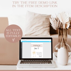 May include: A digital mockup of a printable sign for a mimosa bar. The sign is on a laptop screen and features a watercolor illustration of champagne flutes with gold accents. The text on the sign reads "Mimosa Bar" with a heart and "Pour the bubbly, add some juice, top with fruit, enjoy!"