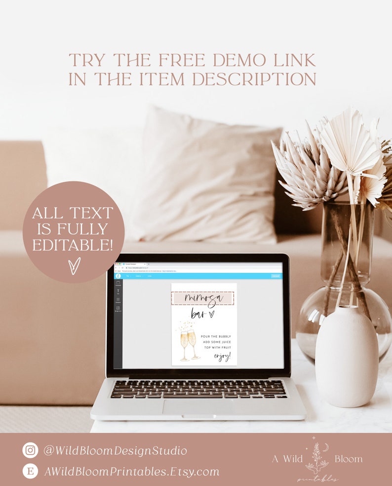May include: A digital mockup of a printable sign for a mimosa bar. The sign is on a laptop screen and features a watercolor illustration of champagne flutes with gold accents. The text on the sign reads "Mimosa Bar" with a heart and "Pour the bubbly, add some juice, top with fruit, enjoy!"