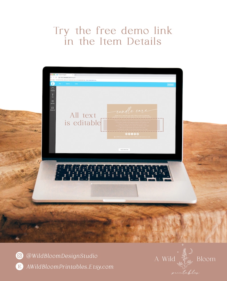 May include: A laptop screen displaying a digital design template for a candle care label. The text on the screen reads "candle care" and "All text is editable".