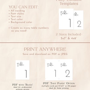 May include: Editable table number templates in two sizes: 5x7 inches and 4x6 inches. The templates feature a simple, modern design with the word "table" and a number. The templates can be printed with or without a bleed.