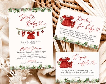 May include: Baby shower invitation set with a Santa Baby theme. The invitation features a red dress illustration and text. Includes a diaper raffle card and a book request card, all with festive greenery.