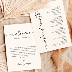 Minimalist Wedding Events Card, Modern Weekend Events, Wedding Itinerary, Welcome Bag, Wedding Timeline Schedule, Editable Template M9
