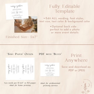 May include: Editable wedding invitation template with a minimalist design. The template features a white background with black text and a simple floral illustration. The text includes the names "avery + jerdan" and the date "24". The template is available in two sizes: 5x7 inches and 8.5x11 inches.