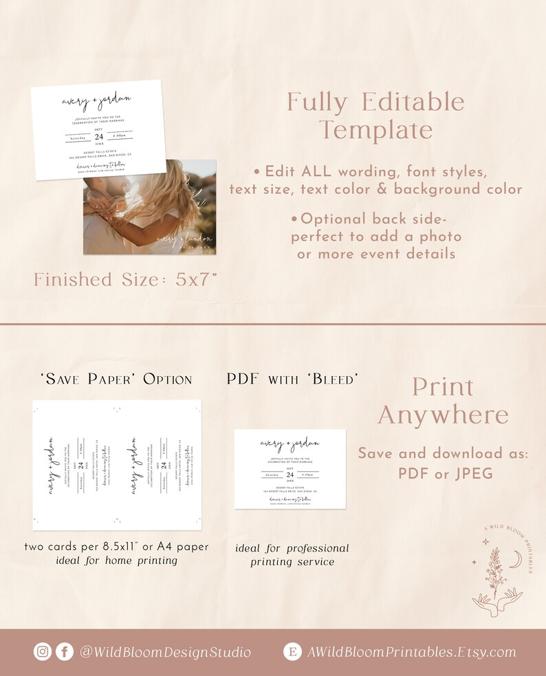 May include: Editable wedding invitation template with a minimalist design. The template features a white background with black text and a simple floral illustration. The text includes the names "avery + jerdan" and the date "24". The template is available in two sizes: 5x7 inches and 8.5x11 inches.