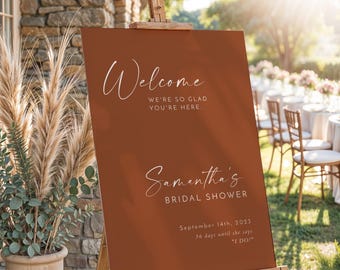 Terracotta Bridal Shower Welcome Sign | Modern Minimalist Rust We're So Glad You're Here Poster | Printed & Shipped