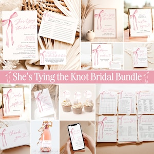She's Tying the Knot Bridal Shower Bundle, Bow Bridal Shower Invite Bundle, Minimalist Pink Bow Bridal Shower Games, Editable Template, B4