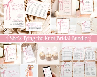 Puede incluir: Un paquete de despedida de soltera con un tema de cinta de acuarela rosa. El paquete incluye invitaciones, tarjetas de agradecimiento, adornos para cupcakes, juegos y letreros. El texto "She's tying the knot" aparece en todo el paquete.