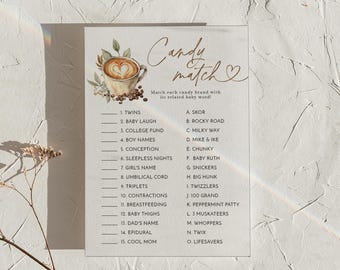 PRINTED + SHIPPED | Candy Match Baby Shower Game Coffee Latte Theme Brown Greenery A Baby is Brewing Candy Bar Game Card