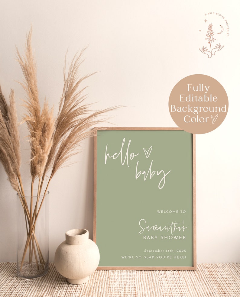 Może przedstawiać: Drukowana tablica na baby shower z zielonym tłem i białym tekstem, kt&oacute;ry brzmi "hello baby". Tablica zawiera r&oacute;wnież imię "Samanthi's", datę "September 14th, 2025" oraz tekst "Witamy na baby shower" i "Cieszymy się, że jesteś!"