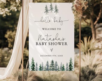 PRINTED + SHIPPED | Winter Forest Baby Shower Welcome Sign | Snowy Pine Tree Hello Baby Decor | Woodland Baby Boy Shower Sign