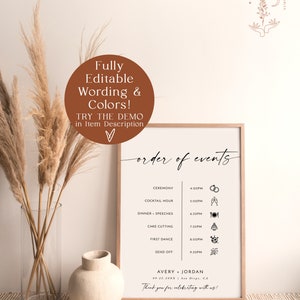 May include: Printable wedding order of events sign with a minimalist design. The sign features a white background with black text and icons. The text includes the order of events for a wedding, such as the ceremony, cocktail hour, dinner, cake cutting, first dance, and send off. The sign also includes the names Avery and Jordan, the date 09.22.20XX, and the location San Diego, CA. The text "Thank you for celebrating with us!" is at the bottom of the sign.