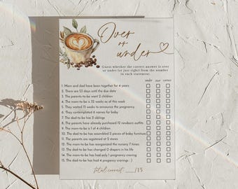PRINTED + SHIPPED | Over or Under Baby Shower Game Coffee Latte Theme Brown Greenery A Baby is Brewing Guessing Game Card