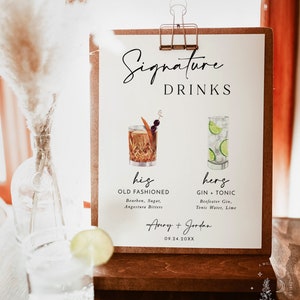 Signature Drinks Sign Template Signature Cocktail Sign Minimalist Wedding Bar Menu Sign His and Hers Bar Sign Editable Template M5 image 4