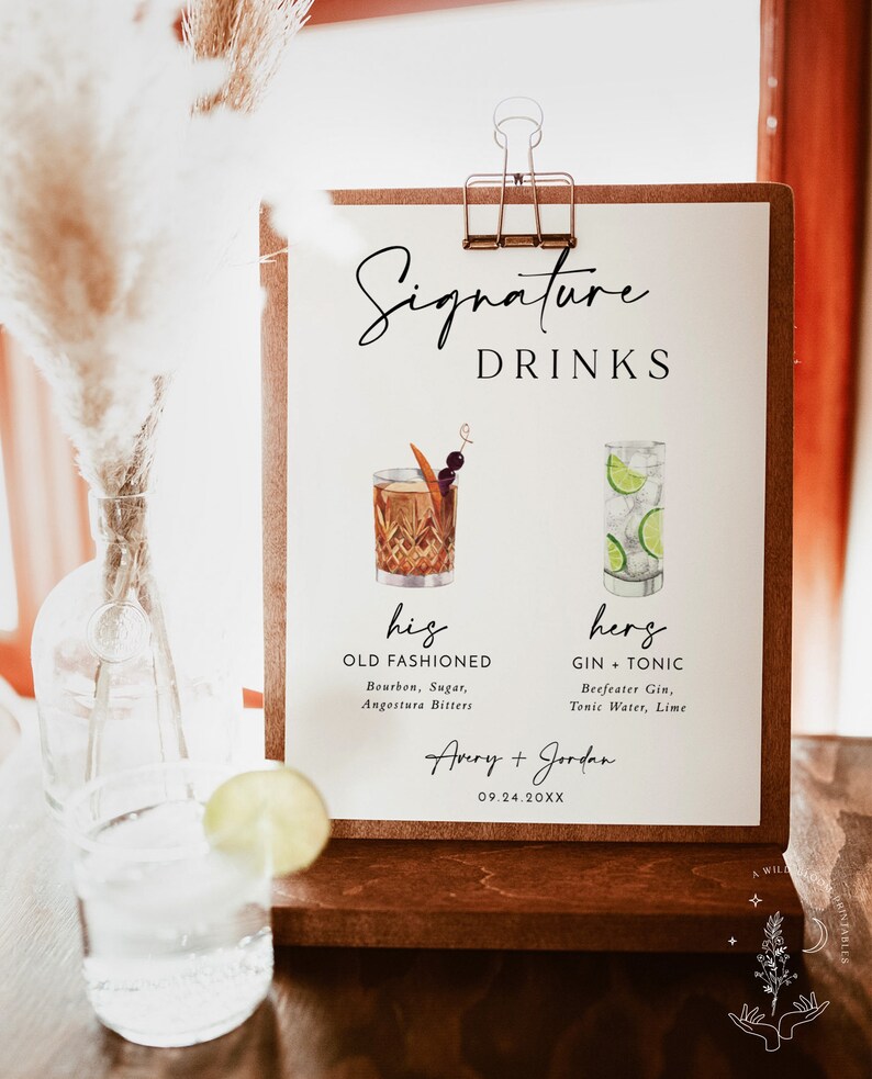 Signature Drinks Sign Template Signature Cocktail Sign Minimalist Wedding Bar Menu Sign His and Hers Bar Sign Editable Template M5 image 4