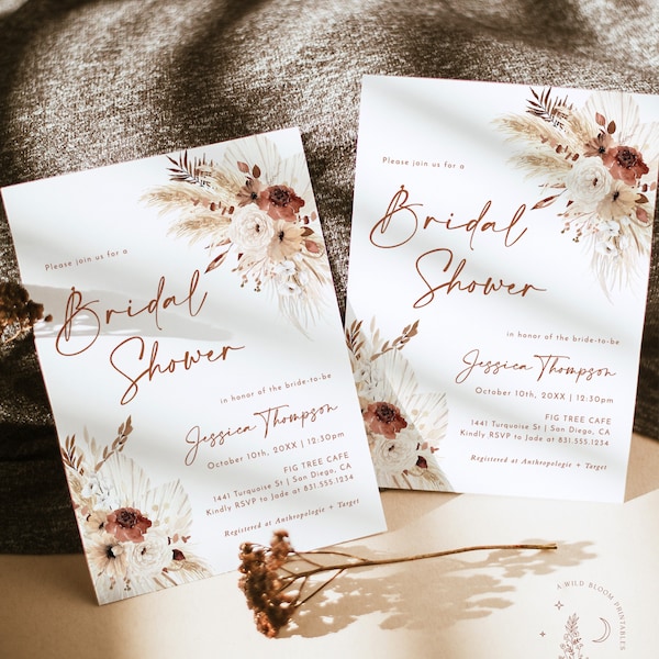 Boho Fall Bridal Shower Invitation, Autumn Bridal Shower Invite, Pampas Grass Bridal Shower, Editable Boho Bridal Shower Template, A7