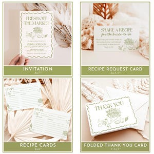 K&ouml;nnte beinhalten: Vier druckbare Karten f&uuml;r eine Bridal Shower. Die erste Karte ist eine 12,7x17,8 cm gro&szlig;e Einladung, auf der "Fresh Off The Market" steht und eine gr&uuml;ne Illustration eines Gem&uuml;sebuketts abgebildet ist. Die zweite Karte ist eine 5x8,9 cm gro&szlig;e Rezeptanfragekarte, auf der "Share a Recipe for the bride-to-be" steht. Die dritte Karte ist eine 10x15 cm gro&szlig;e Rezeptkarte mit einer gr&uuml;nen Illustration eines Gem&uuml;sebuketts. Die vierte Karte ist eine 8,9x12,7 cm gro&szlig;e gefaltete Dankeskarte, auf der "Thank You" steht und eine gr&uuml;ne Illustration eines Gem&uuml;sebuketts abgebildet ist.