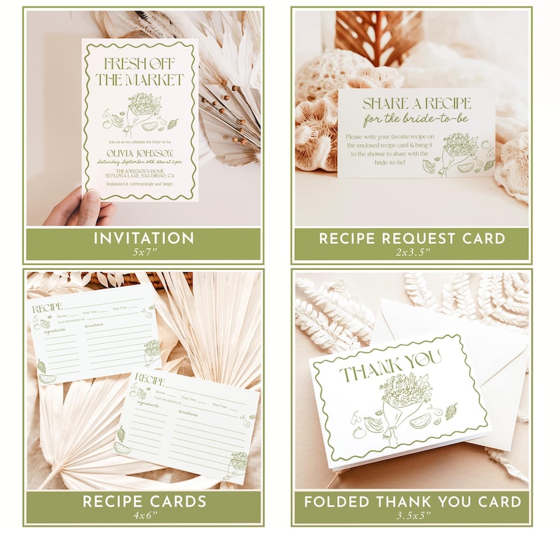 K&ouml;nnte beinhalten: Vier druckbare Karten f&uuml;r eine Bridal Shower. Die erste Karte ist eine 12,7x17,8 cm gro&szlig;e Einladung, auf der "Fresh Off The Market" steht und eine gr&uuml;ne Illustration eines Gem&uuml;sebuketts abgebildet ist. Die zweite Karte ist eine 5x8,9 cm gro&szlig;e Rezeptanfragekarte, auf der "Share a Recipe for the bride-to-be" steht. Die dritte Karte ist eine 10x15 cm gro&szlig;e Rezeptkarte mit einer gr&uuml;nen Illustration eines Gem&uuml;sebuketts. Die vierte Karte ist eine 8,9x12,7 cm gro&szlig;e gefaltete Dankeskarte, auf der "Thank You" steht und eine gr&uuml;ne Illustration eines Gem&uuml;sebuketts abgebildet ist.
