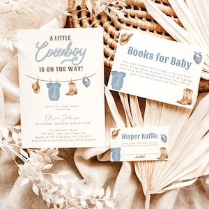 Cowboy Baby Shower Invitation Template, A Little Cowboy Is On the Way Invite, Dusty Blue Boy Baby Shower, Cowboy Clothesline, C1