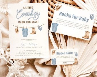 Cowboy Baby Shower Invitation Template, Little Is On the Way Invite, Dusty Blue Boy, Clothesline, Instant Download, Editable Template, C1