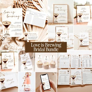 May include: A bridal shower party bundle with the theme "Love is Brewing". The bundle includes printable invitations, thank you cards, games, and decorations featuring a cocktail glass with coffee beans and a brown ribbon. The text "Love is Brewing" is featured throughout the bundle.