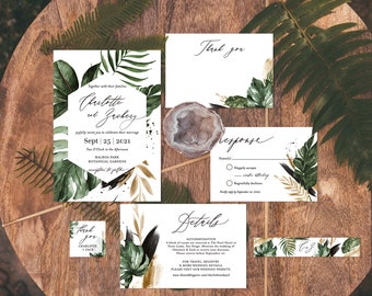 Tropical Wedding Invitation Suite | Editable Template | Watercolor Greenery Palm Leaf | Modern Jungle Leaves Invitation T01