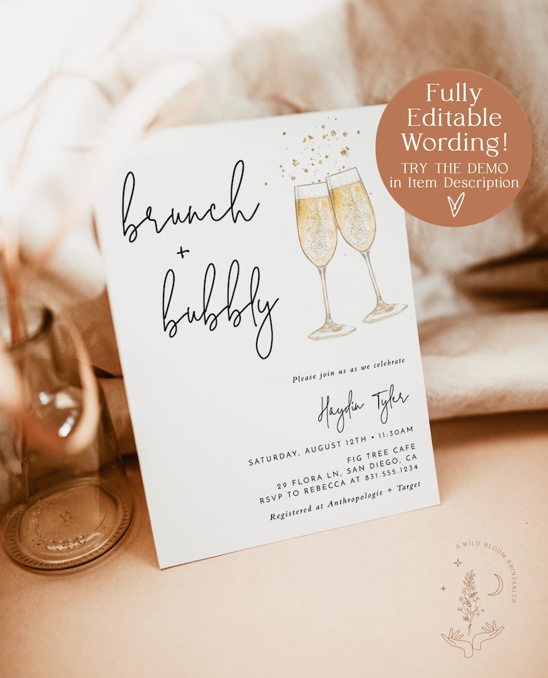 Brunch & Bubbly Bridal Shower Invitation Wedding Shower Invite Champagne Shower Minimalist Bridal Shower Invite Editable Template B2 image 2