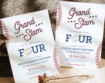 May include: Two baseball-themed birthday invitations for a boy turning four. The invitations are white with red and blue accents. The invitations feature a baseball graphic and the text "Grand Slam" and "Our little slugger is turning four".