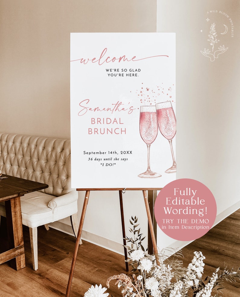 Bridal Shower Welcome Sign Boho Bridal Brunch Welcome Poster Brunch & Bubbly Welcome Sign Boho Shower Welcome Sign Template B2 image 3