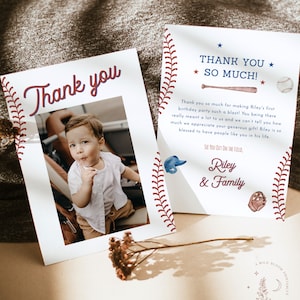 Baseball 1st Birthday Thank You Card | Photo Thank You Card | Rookie of the Year Birthday Party | Boy Birthday Party | Editable Template R2