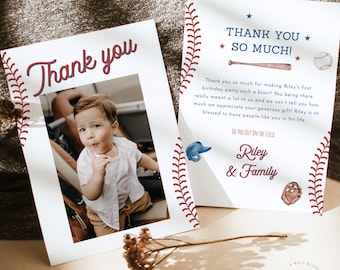 Baseball 1st Birthday Thank You Card, Photo Thank You Card, Rookie of the Year Birthday Party, Boy Birthday Party, Editable Template R2