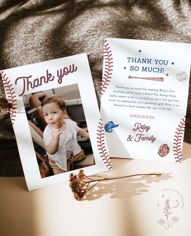 Baseball 1st Birthday Thank You Card, Photo, Rookie of the Year Party ...