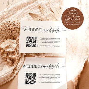 May include: Two white cards with black text that reads "WEDDING website". Each card features a black and white QR code and the website address "WWW.SAVANAHANDHENDRIX.COM". The top card has a brown circle with white text that reads "Easily Upload Your Own QR Code! TRY THE DEMO in Item Description".