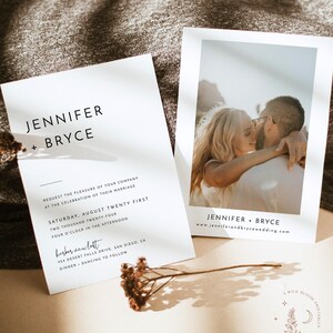 May include: Two white wedding invitations with black text. One features a photo of a couple embracing. The other lists event details: Jennifer + Bryce, Saturday, August Twenty First, Two Thousand Twenty-Four, Four O'Clock in the Afternoon.