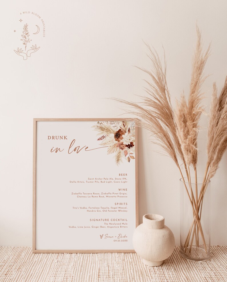 Bohemian Drink Menu Template Pampas Grass Cocktail Menu | Etsy