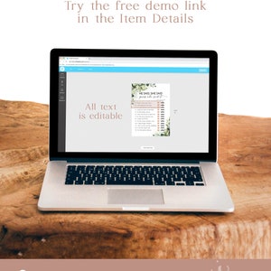 May include: A laptop displays a wedding game titled "He Said, She Said." The screen shows editable text and a demo link. The laptop sits on a wooden surface. The image includes the text "Try the free demo link in the Item Details."