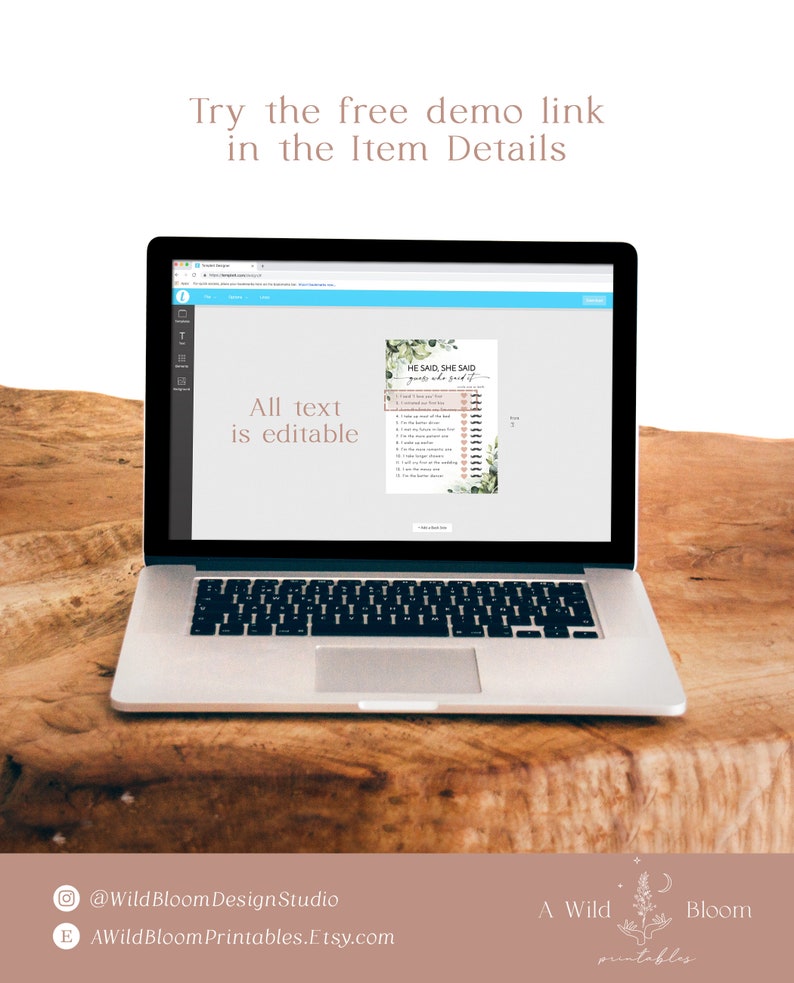 May include: A laptop displays a wedding game titled "He Said, She Said." The screen shows editable text and a demo link. The laptop sits on a wooden surface. The image includes the text "Try the free demo link in the Item Details."