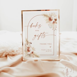 Bücher und Geschenke Schild, Minimalist Baby Shower Schild Vorlage, Terrakotta Baby Bücher Schild, Pampas Grass, Boho Bogen Baby Shower Schild, A2