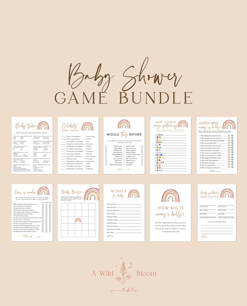 Rainbow Baby Shower Games Gender Neutral Shower Bundle Muted Tones Boho Baby Shower Bohemian Baby Shower Editable Template RB1 image 1