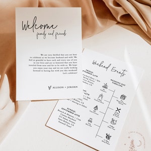 Carte d'événements de mariage minimaliste, modèle d'itinéraire de mariage, événements de week-end modernes, sac de bienvenue, calendrier de mariage modifiable, M1