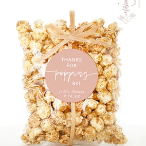 Popcorn Favor Tags, Modern Shower Favor Stickers, Dusty Blush Thank You Tags, Thanks for Popping By, Editable Template, BM1