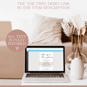 May include: A laptop computer displaying a printable sign that says "Blow up their phones". The sign is a list of prompts for a party game. The laptop is on a table with a white pillow and a vase of dried flowers.