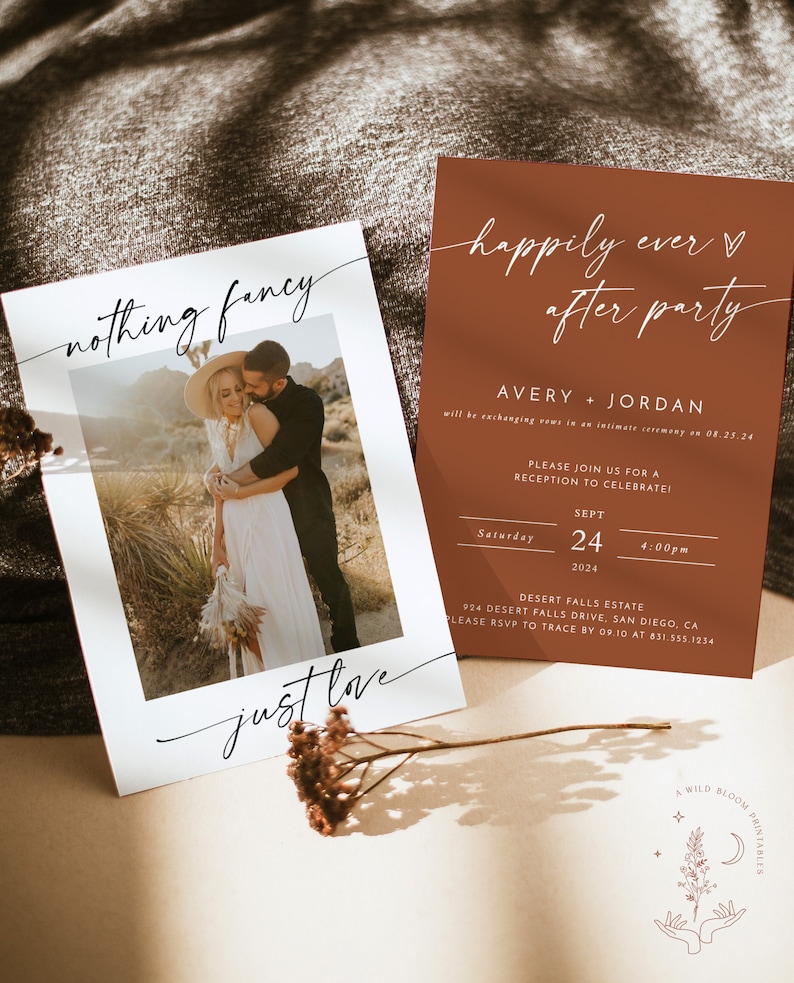 Photo Wedding Announcement Terracotta Elopement Announcement Nothing Fancy Just Love Happily Ever After Party Reception Invite T2 image 1