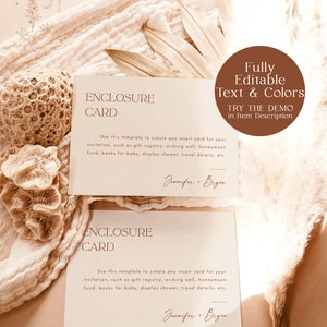 May include: Two printable enclosure cards with a minimalist design. The cards are white with a brown border and text. The text reads "Enclosure Card" and includes instructions for use. The text also includes the names "Jennifer + Bryce".