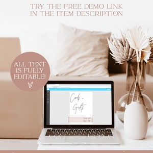 May include: A laptop computer displaying a digital design template for a thank you card. The card features the text "Cards & Gifts" in a handwritten font. The text "Thank You" is also included on the card. The image is set against a backdrop of a couch and a vase of dried flowers.