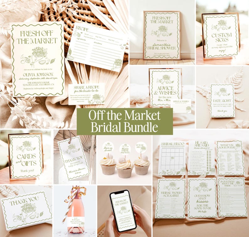 K&ouml;nnte beinhalten: Ein druckbares Brautparty-Paket in Gr&uuml;n-Wei&szlig;. Das Paket enth&auml;lt verschiedene druckbare Artikel wie Einladungen, Spiele und Dekorationen. Das Thema des Pakets ist "Fresh Off the Market".
