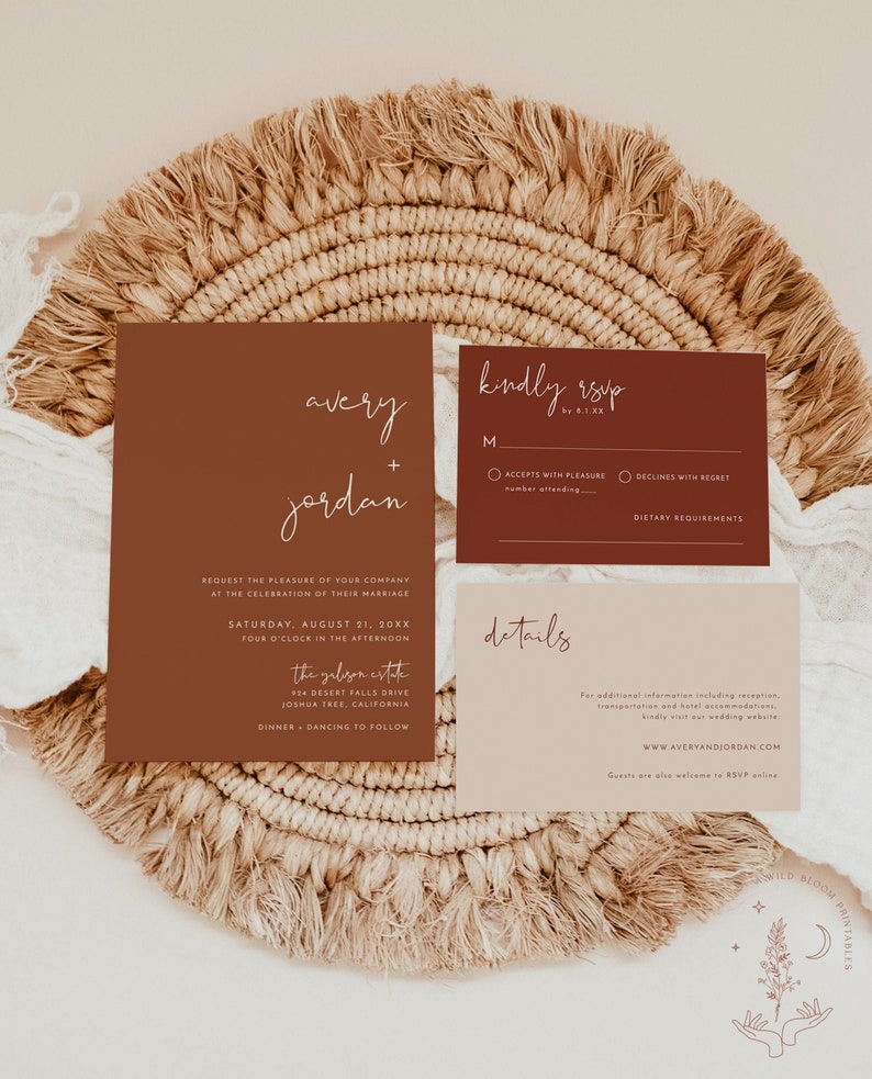 May include: A wedding invitation suite with a rustic theme. The invitation features a brown background with white text that reads "avery + jordan". The RSVP card features a brown background with white text that reads "kindly rsvp". The details card features a beige background with brown text that reads "details".