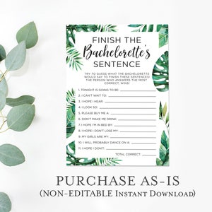 Tropical Bachelorette Party Game, Finish The Bachelorette's Sentence, Funny Bachelorette Drinking Game, Printable, Instant Download T03