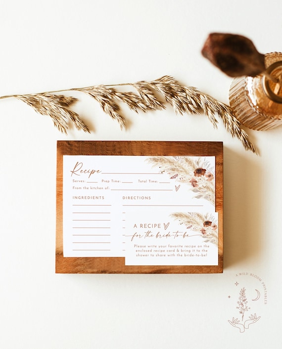 Bridal Shower Recipe Card Insert, Pampas Grass Template, Boho, Request, Instant Download, Editable Template, A4
