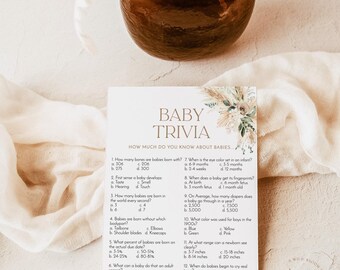 PRINTED + SHIPPED | Boho Baby Trivia Shower Game | Pampas Grass Bohemian A5